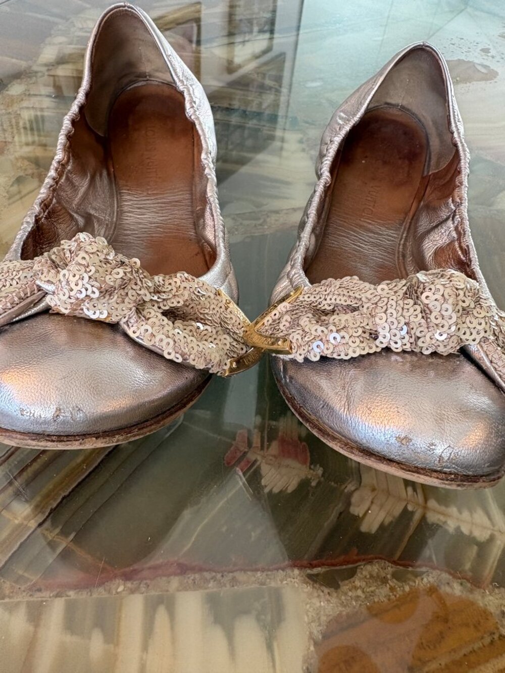 Louis Vuitton Metallic Gold Amulet Sequins Bow Scrunch Ballet Flats 37.5/US 7.5 - Picture 12 of 12